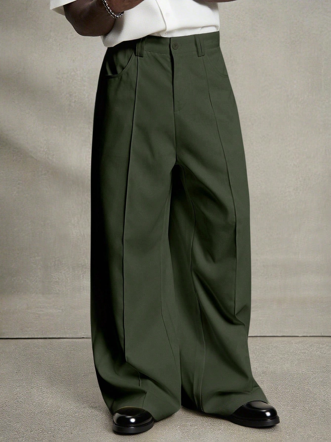 Men's Army Green Front Pleat Wide Leg Dress Pants, Casual Loose Drape Straight Suit Trousers