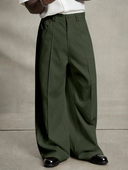 Men's Army Green Front Pleat Wide Leg Dress Pants, Casual Loose Drape Straight Suit Trousers